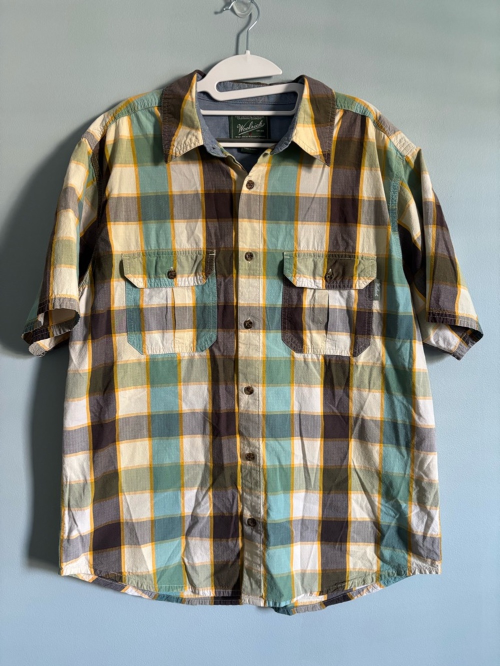 Woolrich Men's Plaid Short-Sleeve Shirt in Blue, Green & Yellow